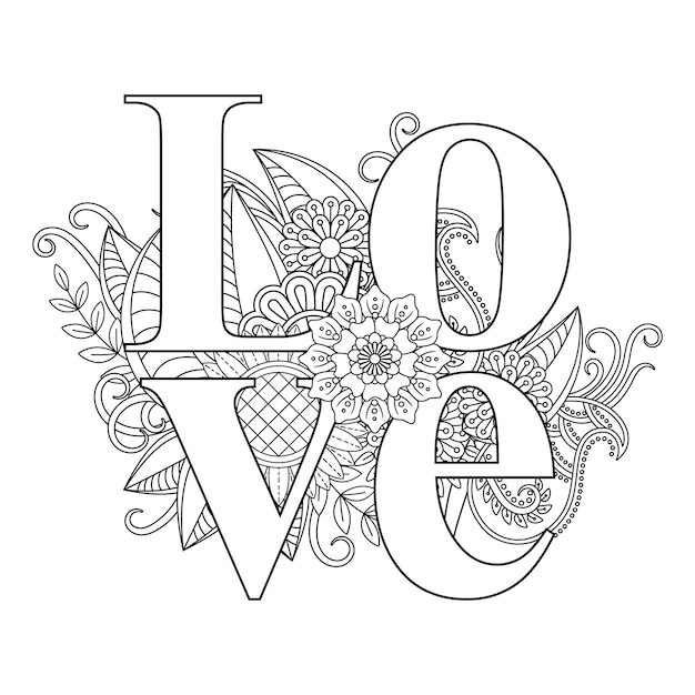 Best love word flower mandala coloring page