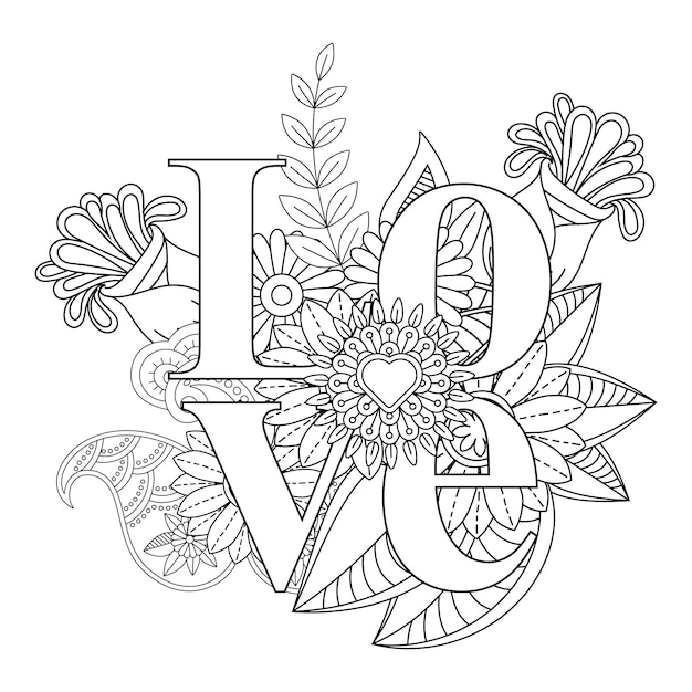 Best love word flower mandala coloring page