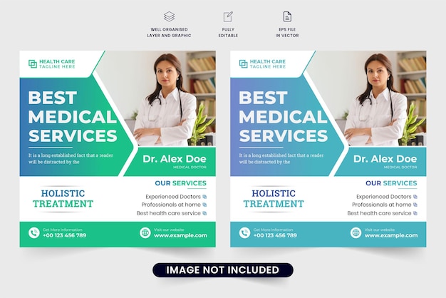 Best medical service promotional poster design with green and blue colors Medical health treatment social media post vector Special clinic healthcare business advertising web banner design