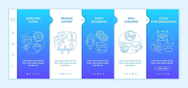 Best messaging feature onboarding vector template. chat software. responsive mobile website with icons. web page walkthrough 5 step screens. messenger color concept with linear illustrations