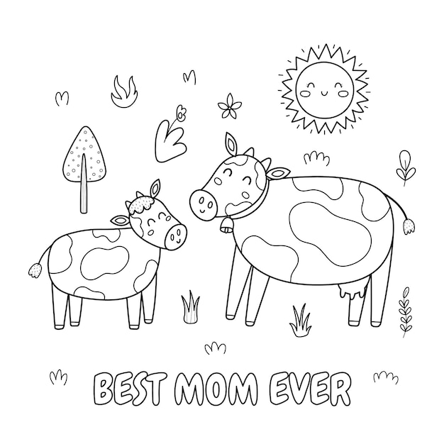 Лучшая мама на свете, черно-белая печать с милой мамой-коровой и ее теленком