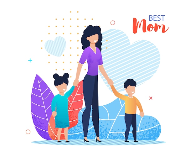 Vector best mom lettering flat cartoon greeting card.