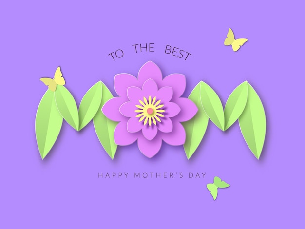 Плакат с цветочным декором на день матери. с праздником с розовым бумажным срезанным цветком и зелеными листьями, надписью весенних поздравлений любимого человека с желтыми развевающимися векторными бабочками.