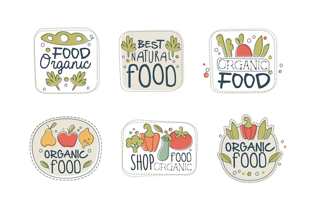 best natural food labels set organic shop farm market and eco natural products badges hand drawn