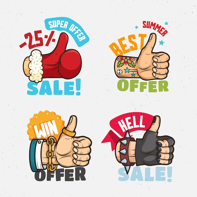 Best offer, sale banners with thumbs up hands. santa, biker, businessman,