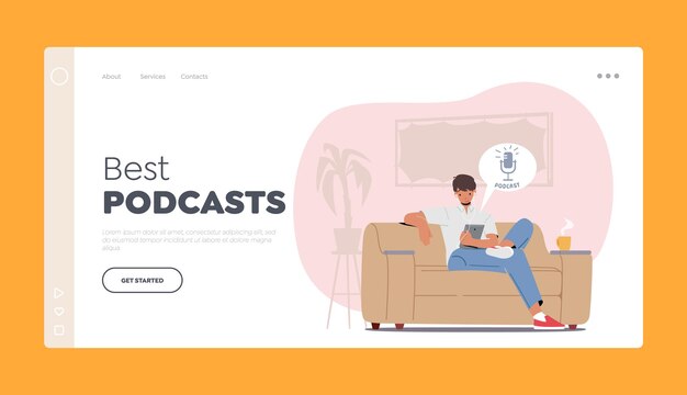 best podcasts landing page template listener sit in comfortable sofa at home listening podcast via headset and tablet