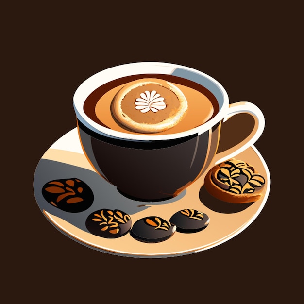 Vector best quality masterpiece cafe con leche en taza con orillos dorados y un plato con galletas blurry