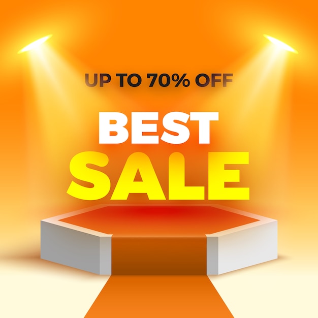 Best sale banner on stage for awards ceremony with spotlights. pedestal. white podium with orange carpet. hexagonal scene.  illustration.