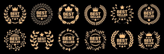 best seller badge collection set of best seller emblem with laurel wreath crown and star icon best seller label collection best seller icons for product label