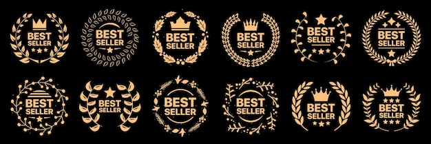 Vettore best seller badge collection set di emblema best seller con corona di alloro e icona a stella best seller label collection best seller icone per l'etichetta del prodotto