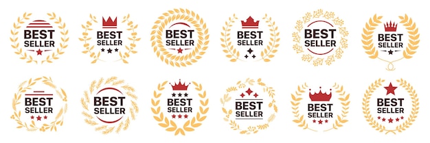 best seller badge collection set of best seller emblem with laurel wreath crown and star icon best seller label collection best seller icons for product label