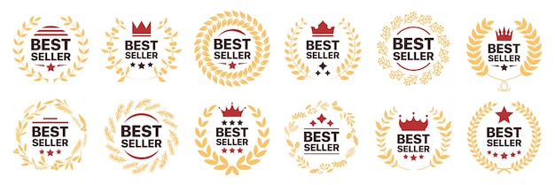 Vettore best seller badge collection set di emblema best seller con corona di alloro e icona a stella best seller label collection best seller icone per l'etichetta del prodotto