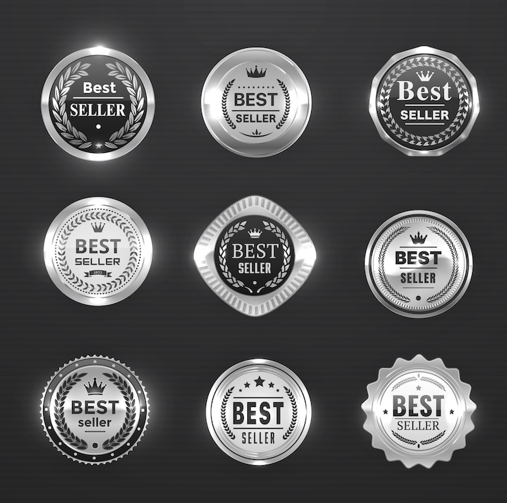 Vector best seller silver labels, awards and seal, medals