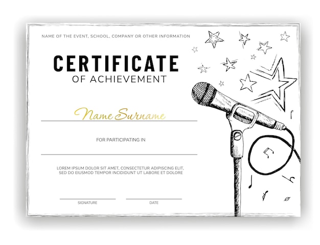 Vettore certificato di miglior cantante per eventi vocali o musicali design del diploma per eventi di karaoke della scuola di musica