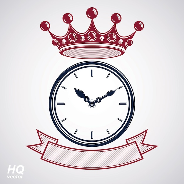 Best timing award vector eps8 icon, luxury wall clock with an hour hand on dial. high quality timer illustration with curvy decorative ribbon and royal crown.
