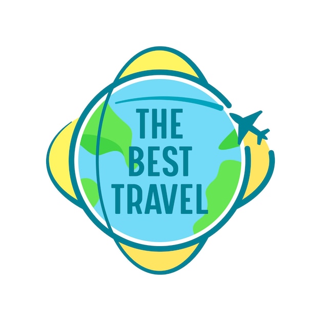 The best travel icon with airplane flying over earth globe. label or emblem for traveling agency service or mobile phone application isolated on white background. cartoon vector illustration
