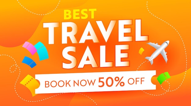 Best travel sale advertising banner with airplane and tickets on orange background. summer season voyage off flyer, social media promo template design for trip shopping discount. vector illustration