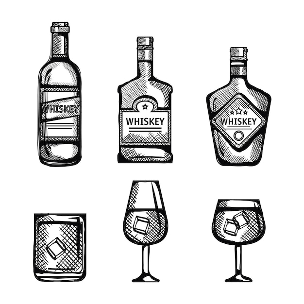 Vector best whiskey bottles and cups drawn