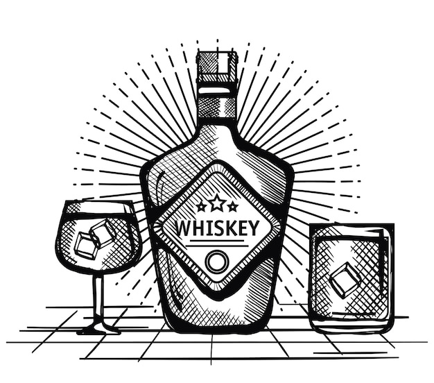 best whiskey bottles and cups drawn