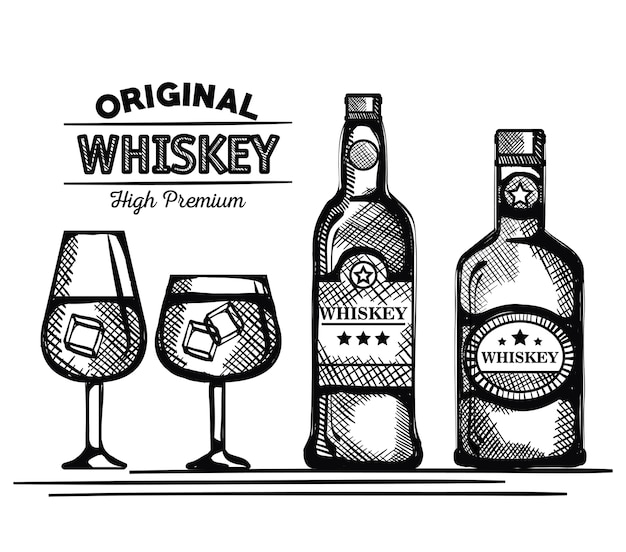 best whiskey bottles and cups drawn 