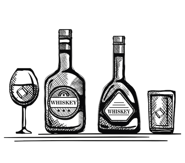 Vector best whiskey bottles and cups drawn