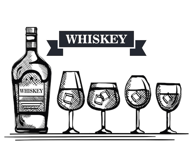Best whiskey bottles and cups drawn