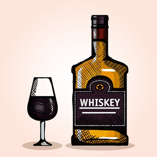 Migliori design di illustrazione vettoriale di bottiglie e tazze di whisky