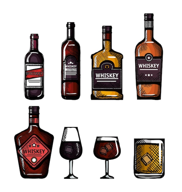Migliori design di illustrazione vettoriale di bottiglie e tazze di whisky