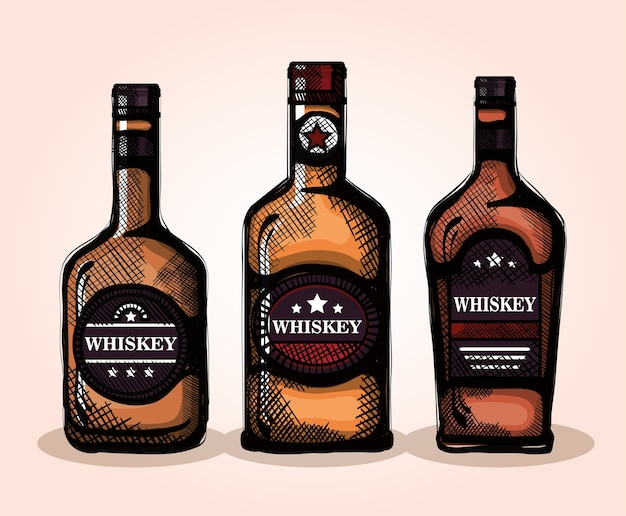 Migliore progettazione dell'illustrazione di vettore delle bottiglie dell'insieme del whiskey