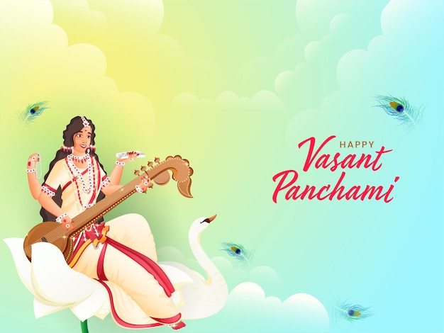 여신 사라와 티 조각상, 백조 새와 함께 힌디어 텍스트에서 Vasant Panchami의 최고의 소원