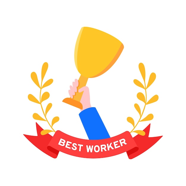 Best worker employee winner with trophy cup inside award ribbon and floral wreath