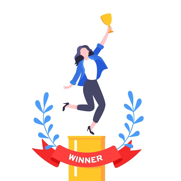 수상 리본과 꽃 화환 안에 트로피 컵이 있는 최고의 작업자 직원 우승자