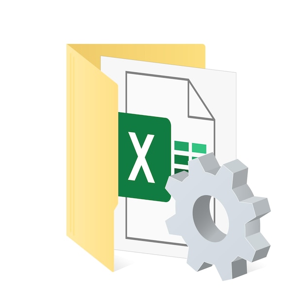 Bestand computermap met XLS-bestand met tandwielpictogram. Instellingenpictogram of instructie. Kleur map