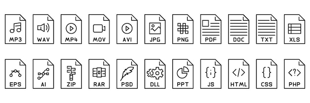 Bestandsindeling overzicht pictogramserie. Document bestand. Vector illustratie