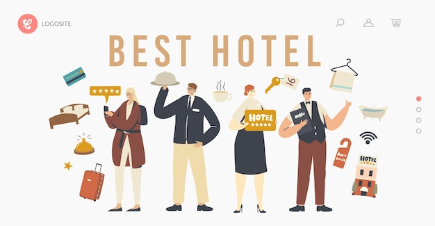 Vector beste hotel vijf sterren service bestemmingspagina sjabloon. gastvrijheidspersoneel personages die toeristen ontmoeten in een luxe hotel van topkwaliteit. receptioniste, ober met menu. cartoon mensen vectorillustratie