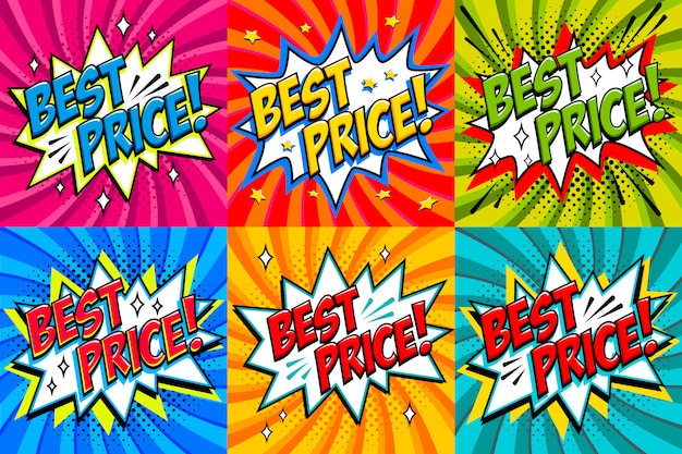 Vector beste prijsetiketten. comic book stijl stickers. verkoopbanners in pop-art komische stijl. kleur zomerbanners in pop-artstijl ideaal voor web. decoratieve achtergronden met bomexplosief.