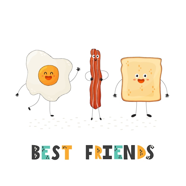 Beste vriendenkaart met schattige voedseltekens - ei, spek en toast