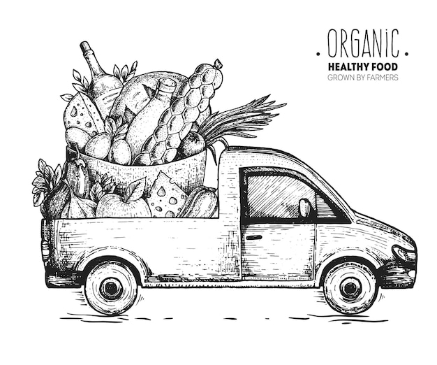 Bestelwagen hand getekende vectorillustratie Schets concept voor ontwerp Biologisch voedsel gegraveerde stijl Snelle levering van vers voedsel