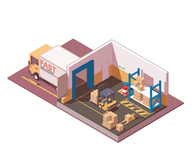 Bestelwagen, pallets, dozen, heftruck en palletkrik. pictogram opslag en magazijn.