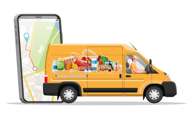 Vector bestelwagen vol eten en smartphone