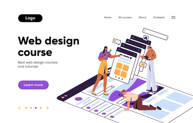 Bestemmingspagina homepage sjabloon voor website online onderwijsplatform site interface lay-out seo ui ux en webdesign cursussen draadframe met menu-elementen gekleurde platte vectorillustratie