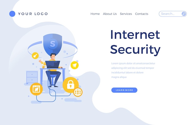 Bestemmingspagina sjabloon internet beveiligingsconcept met office mannelijk karakter Moderne platte ontwerp webpagina voor website en mobiele apps Vectorillustratie