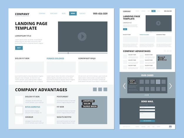 Bestemmingspagina sjabloon Website lay-out ontwerpelementen voettekst koptekst menu navigatie wireframe voor internetpagina's vector ui landing Wireframe site en navigatie pagina interface menu illustratie