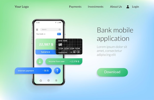 Bestemmingspagina van de bank-app mobiele betaling en financiële rekening smartphone-gebruikersinterface voor online banktoepassing vector realistische website-interface met kopieerruimte en knop om te downloaden