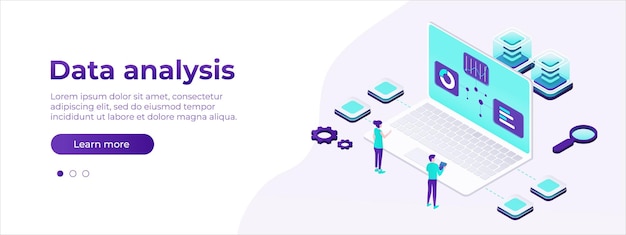 Bestemmingspagina voor gegevensanalysediensten Isometrische IT-team dat werkt aan verschillende analysediensten Digitale gegevensanalyseconcept isometrische vectorillustratie EPS 10