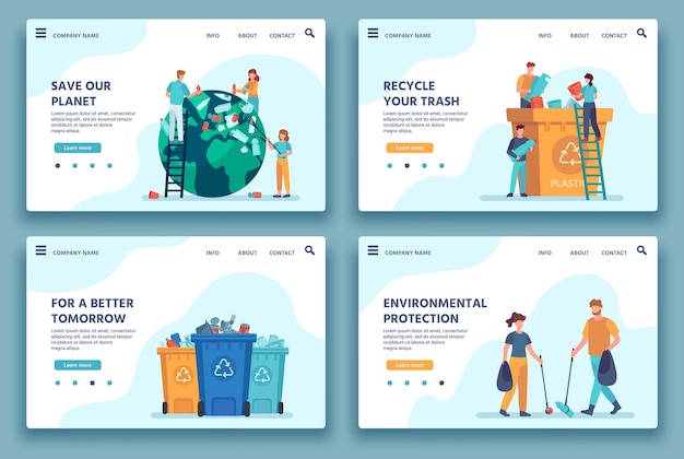 Bestemmingspagina voor het recyclen van afval. mensen verzamelen en sorteren afval voor recycling. eco-levensstijl. verminder milieuvervuiling website vector. illustratie verzamelen en sorteren van rommel