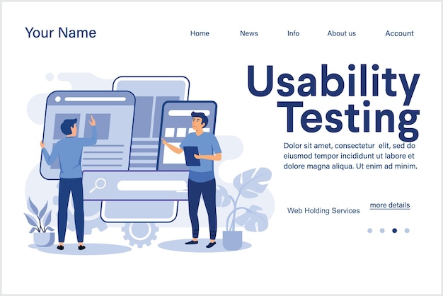 Bestemmingspagina voor het testen van bruikbaarheid met de jonge man test de bruikbaarheid van de interface van het web