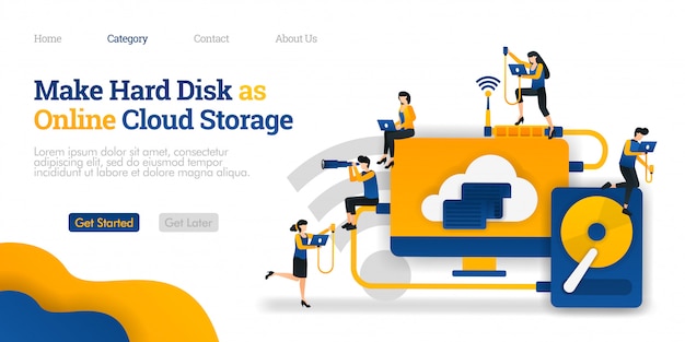 Bestemmingspaginasjabloon. Maak harde schijf als online cloudopslag. Bestanden delen in harde opslag voor cloud hosting