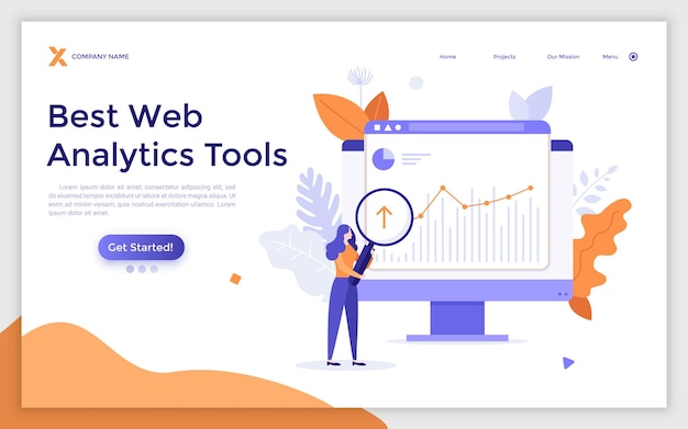 Bestemmingspaginasjabloon met analist die met vergrootglas naar grafiek op computerscherm kijkt Concept van webanalyse statistische analyse van internetgegevens Moderne platte vectorillustratie voor webpagina