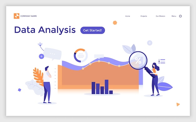 Vector bestemmingspaginasjabloon met man en vrouw met vergrootglas die diagrammen en grafieken analyseren concept van statistische of financiële gegevensanalyse moderne platte vectorillustratie voor websitebanner